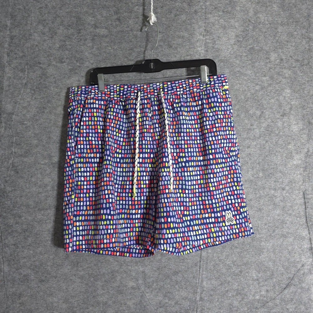 Psycho Bunny Swim Trunks Men L Blue Multi Dot Print Drawstring Mesh Lined Shorts